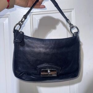 Vintage Coach Black Leather Shoulder Bag with Silver Accents